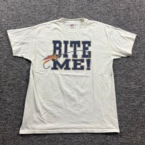 Vintage 1990s Anvil Humor Fishing Bite Me Graphic White T-Shirt Size XL